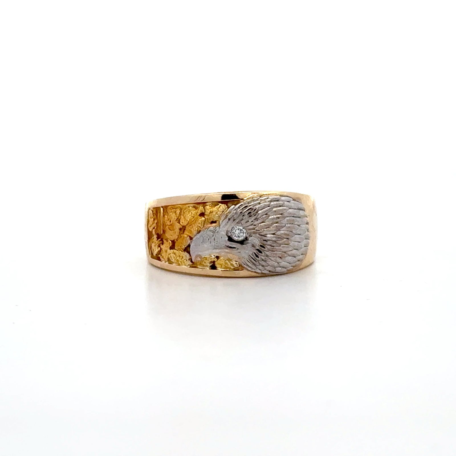 14k Yellow and White Gold Eagle Ring with Round Brilliant Cut Diamond and Gold Nuggets