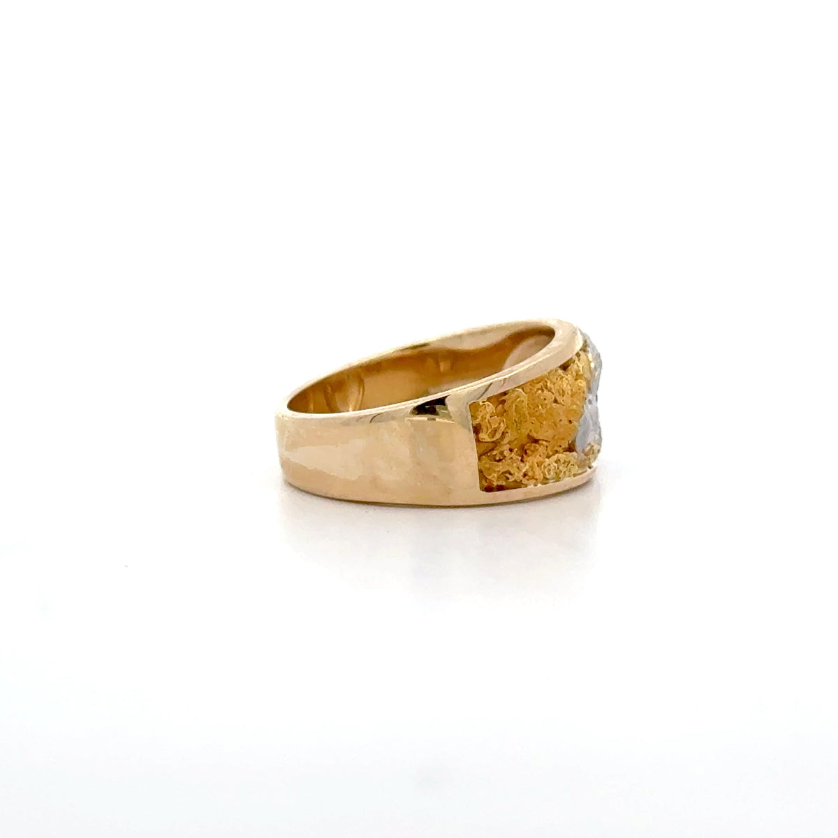 14k Yellow and White Gold Eagle Ring with Round Brilliant Cut Diamond and Gold Nuggets