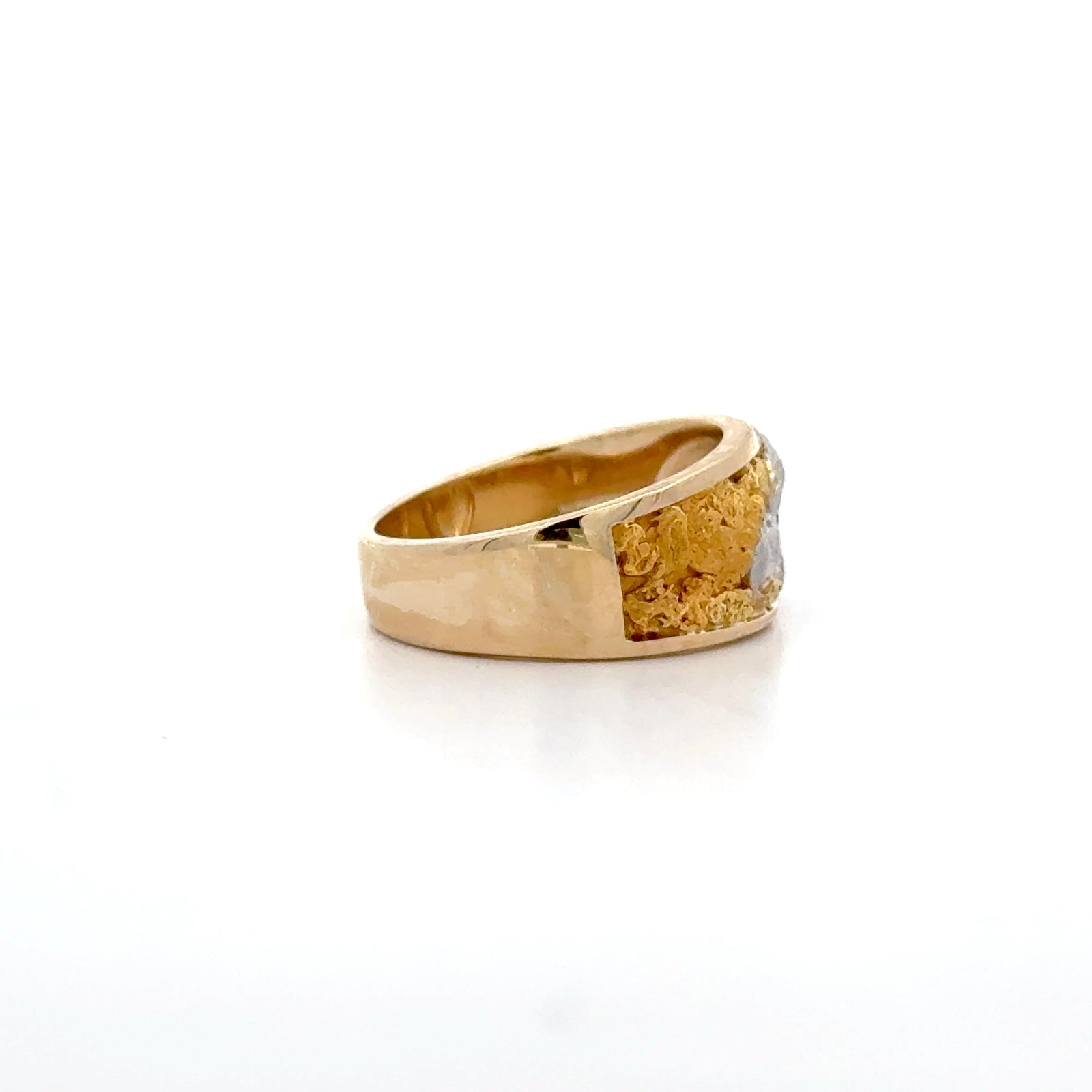 14k Yellow and White Gold Eagle Ring with Round Brilliant Cut Diamond and Gold Nuggets