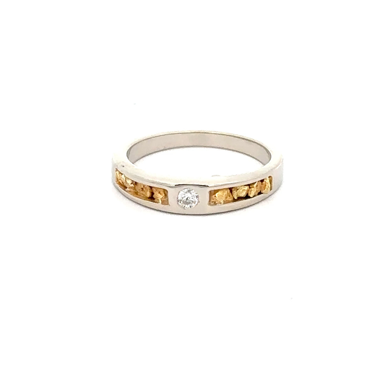 14k White Gold Band with Gold Nuggets and Diamond Solitare