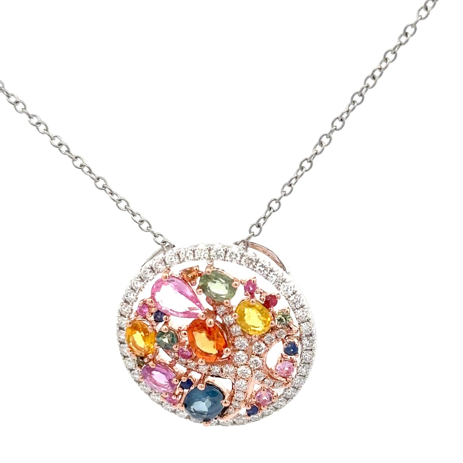 14k Rose and White Gold Pendant with Rainbow Sapphires and Diamonds