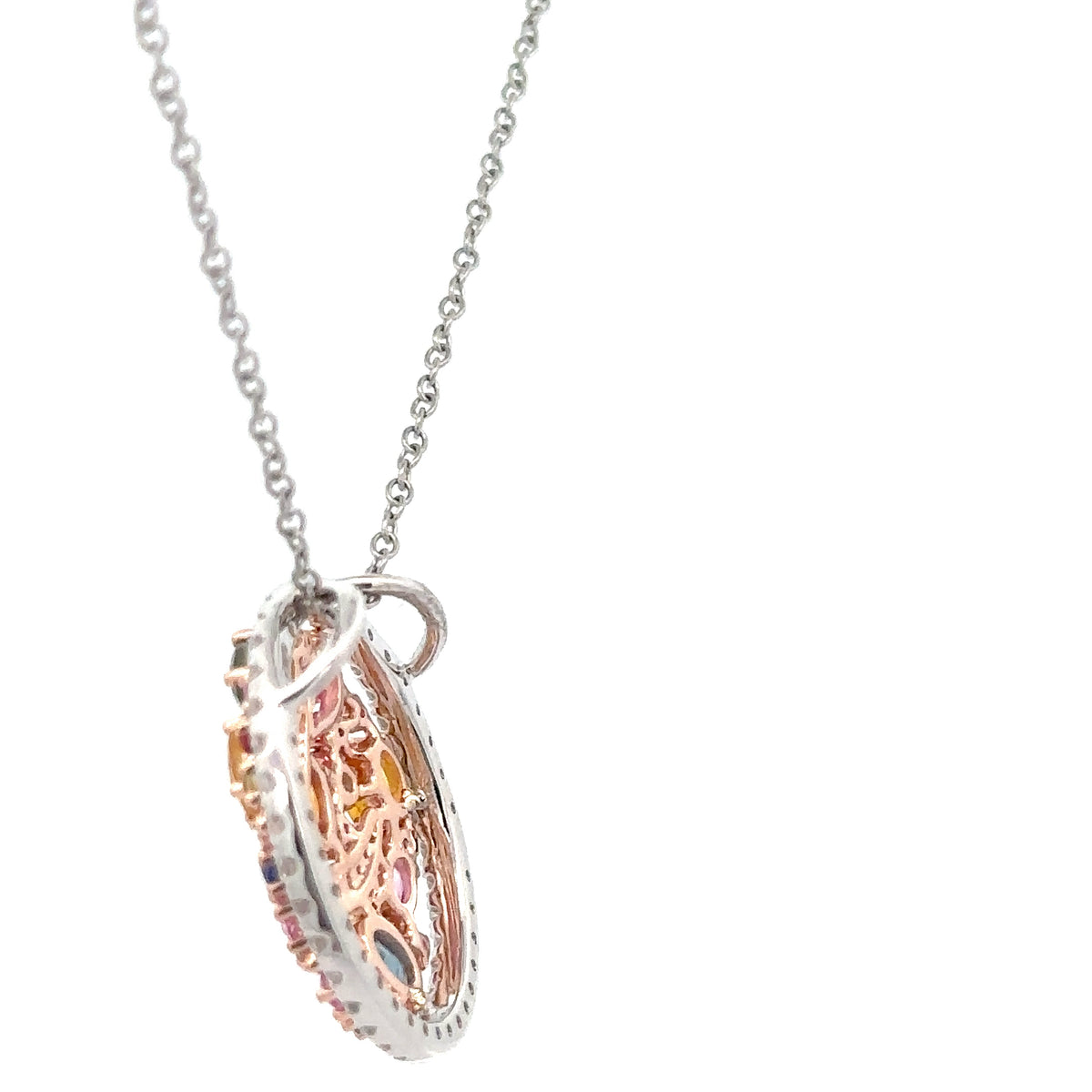 14k Rose and White Gold Pendant with Rainbow Sapphires and Diamonds