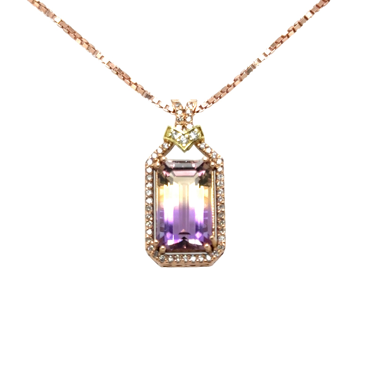 14k Rose Gold Pendant with Emerald Cut Ametrine and Diamonds