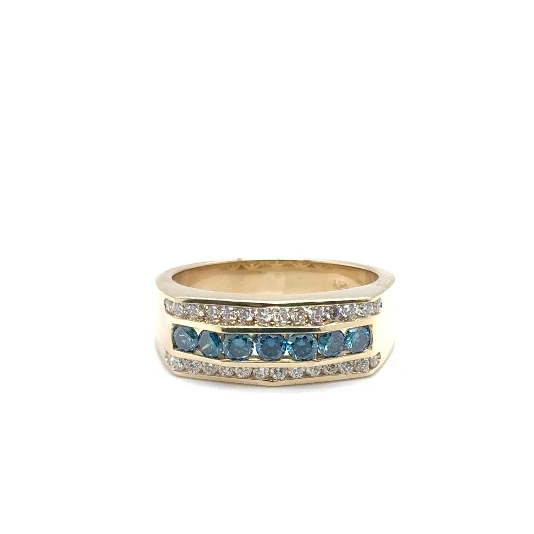 14k Yellow Gold Ring with White and Blue Diamonds