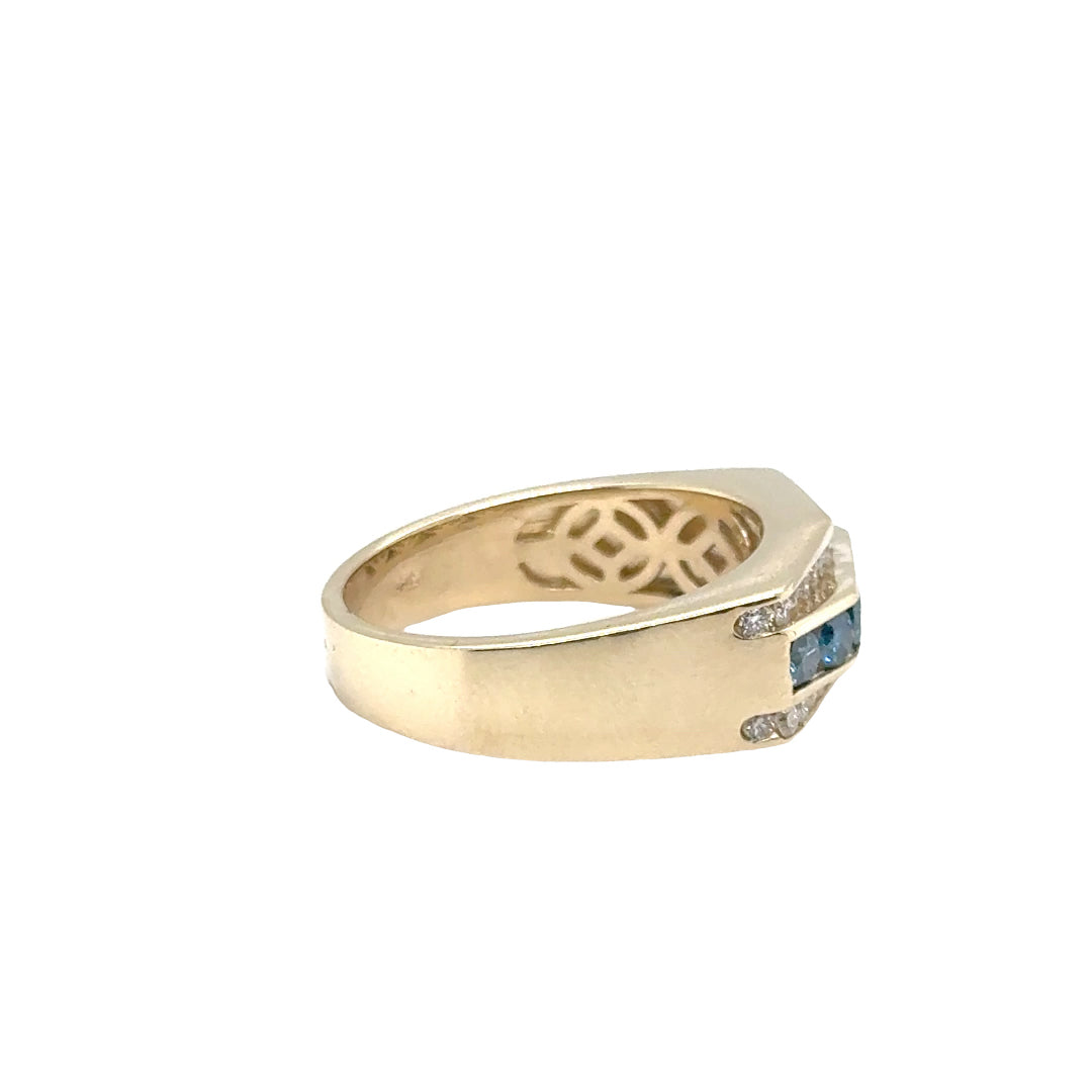 14k Yellow Gold Ring with White and Blue Diamonds