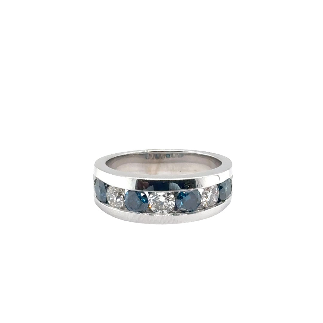 14k White Gold Ring with White and Blue Diamonds