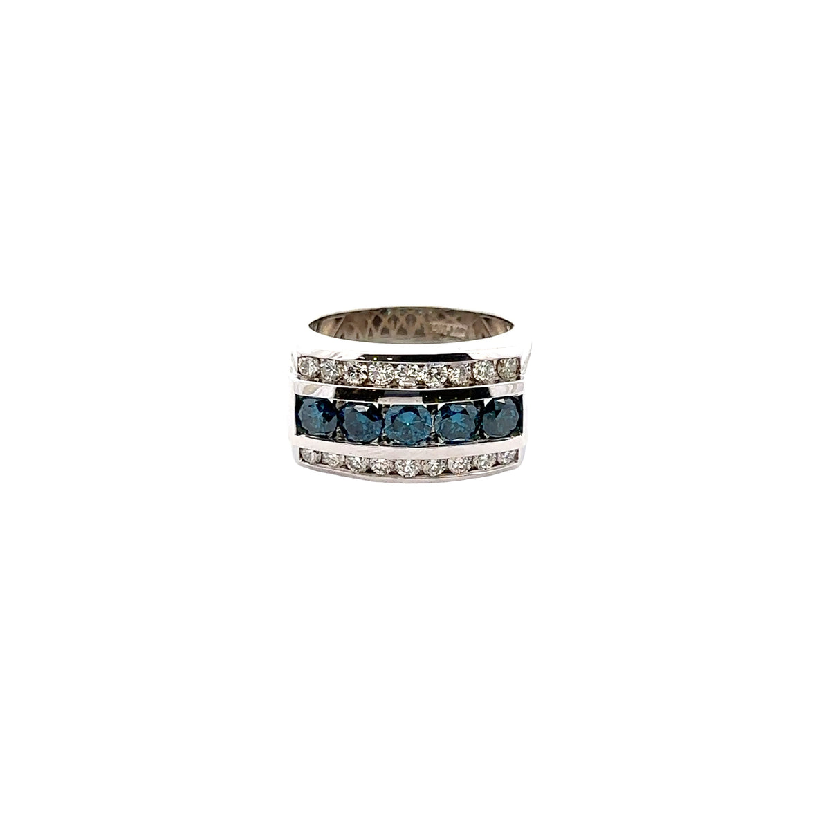 14k White Gold Ring with White and Blue Diamonds