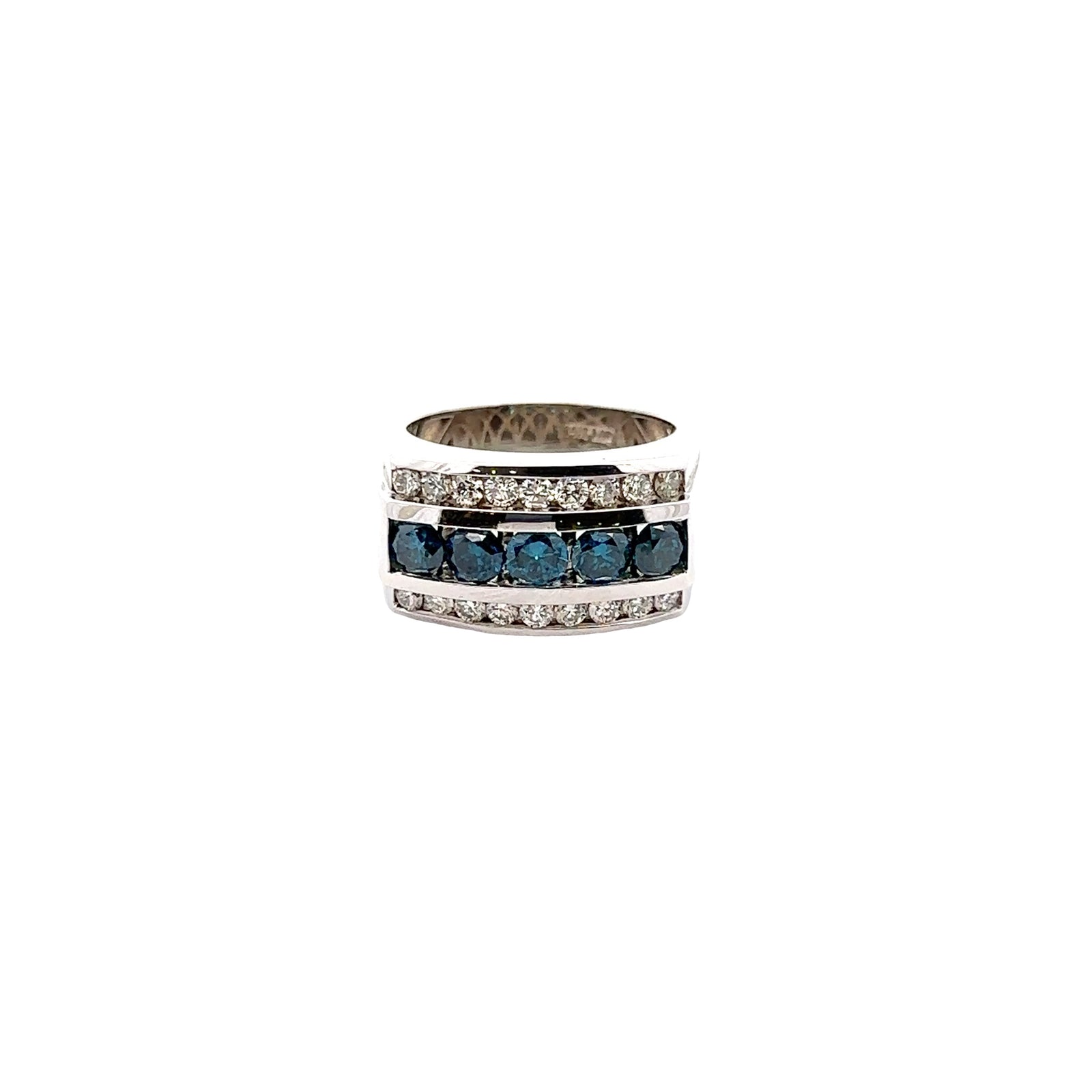 14k White Gold Ring with White and Blue Diamonds