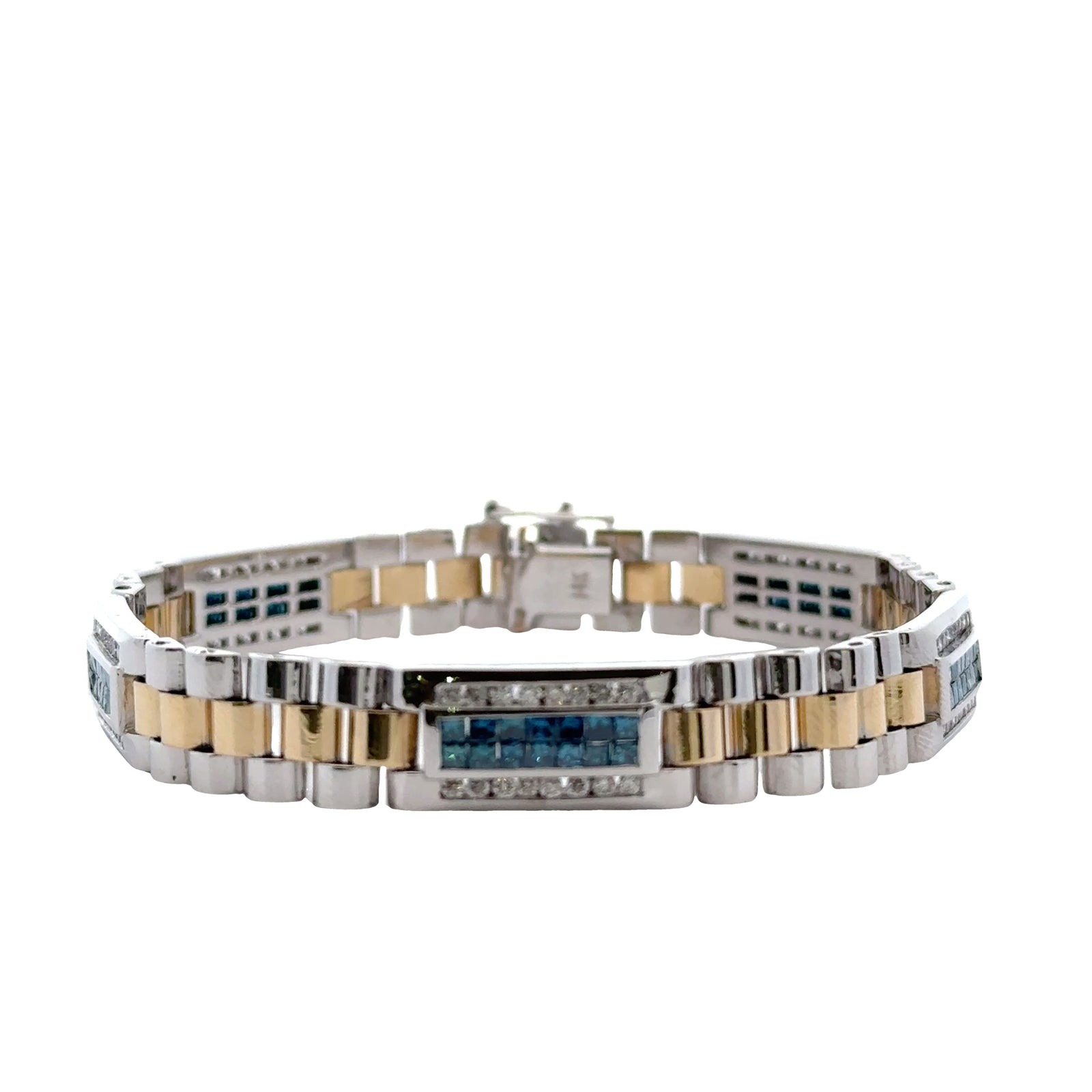 14k Yellow and White Gold Bracelet with Fancy Blue Princess Cut Diamonds and White Diamonds