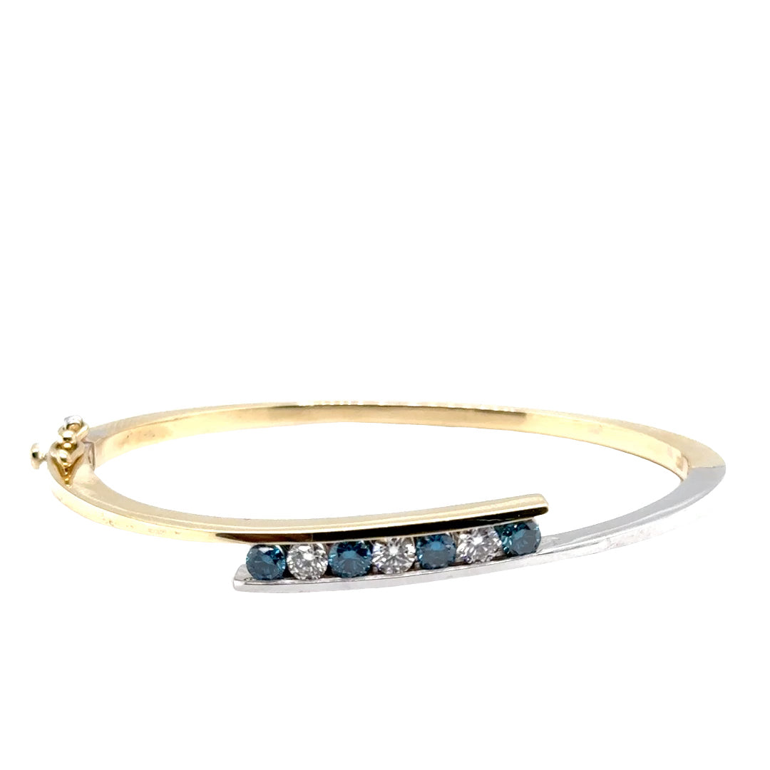 14k Yellow and White Gold Bangle Bracelet with Fancy Blue and White Diamonds