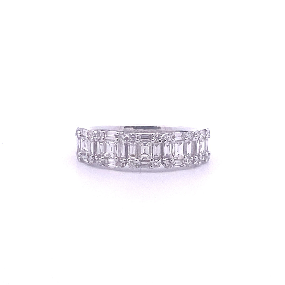 14k White Gold Ring with Baguette and Round Cut Diamonds