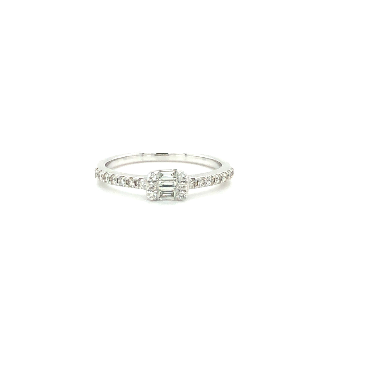 14k White Gold Ring with a Baguette and Round Cut Diamonds