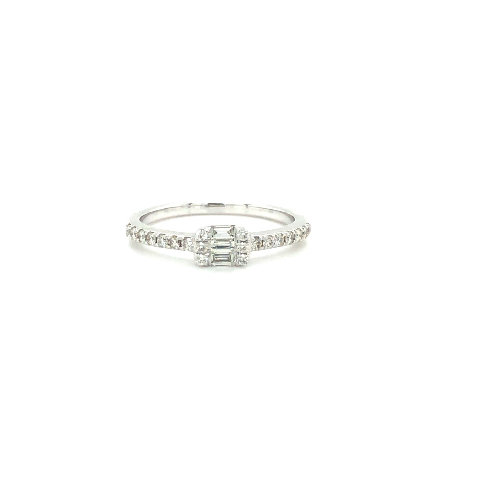 14k White Gold Ring with a Baguette and Round Cut Diamonds