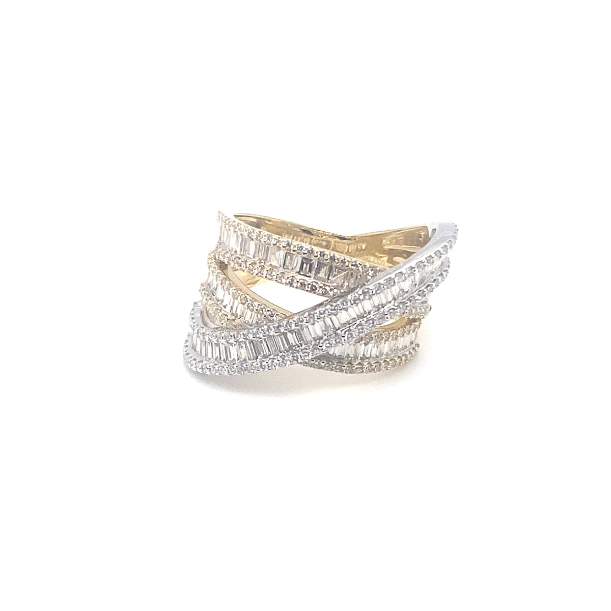 14k Yellow and White Gold Ring with Baguette and Round Cut Diamonds
