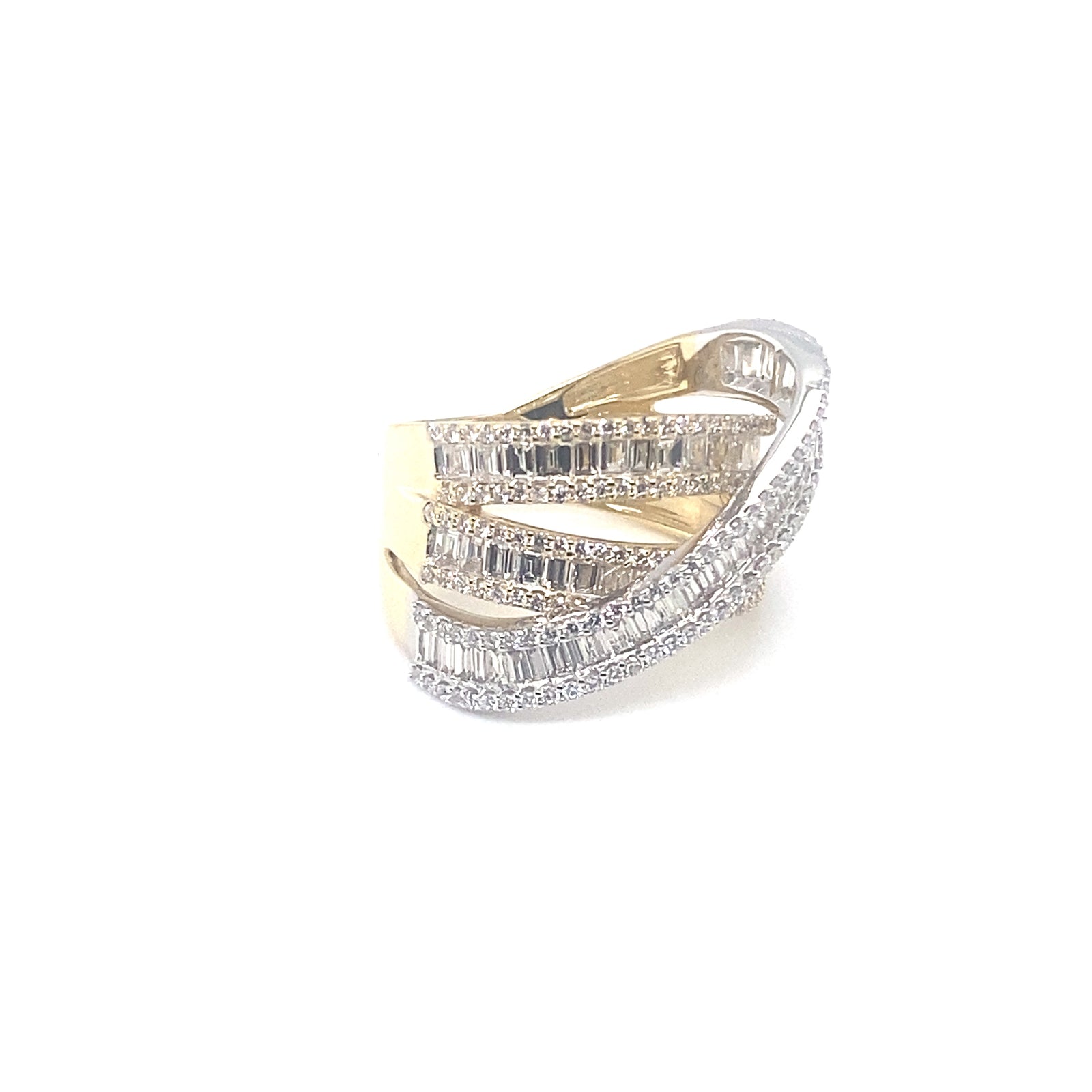 14k Yellow and White Gold Ring with Baguette and Round Cut Diamonds