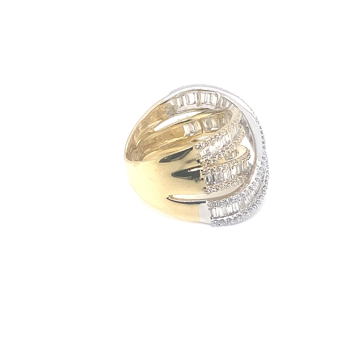 14k Yellow and White Gold Ring with Baguette and Round Cut Diamonds