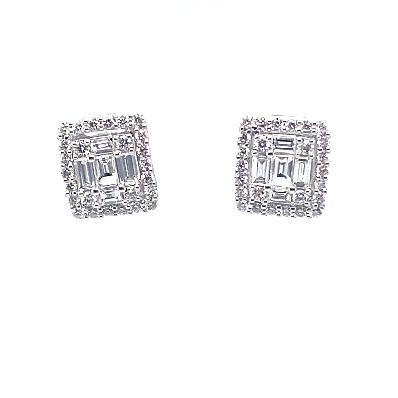 14k White Gold Baguette and Round Cut Diamond Stud Earrings