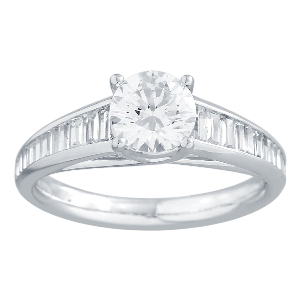 Baguette Semi Mount Engagement Ring made in 14k White gold- ROUND Cubic Zirconia CENTER