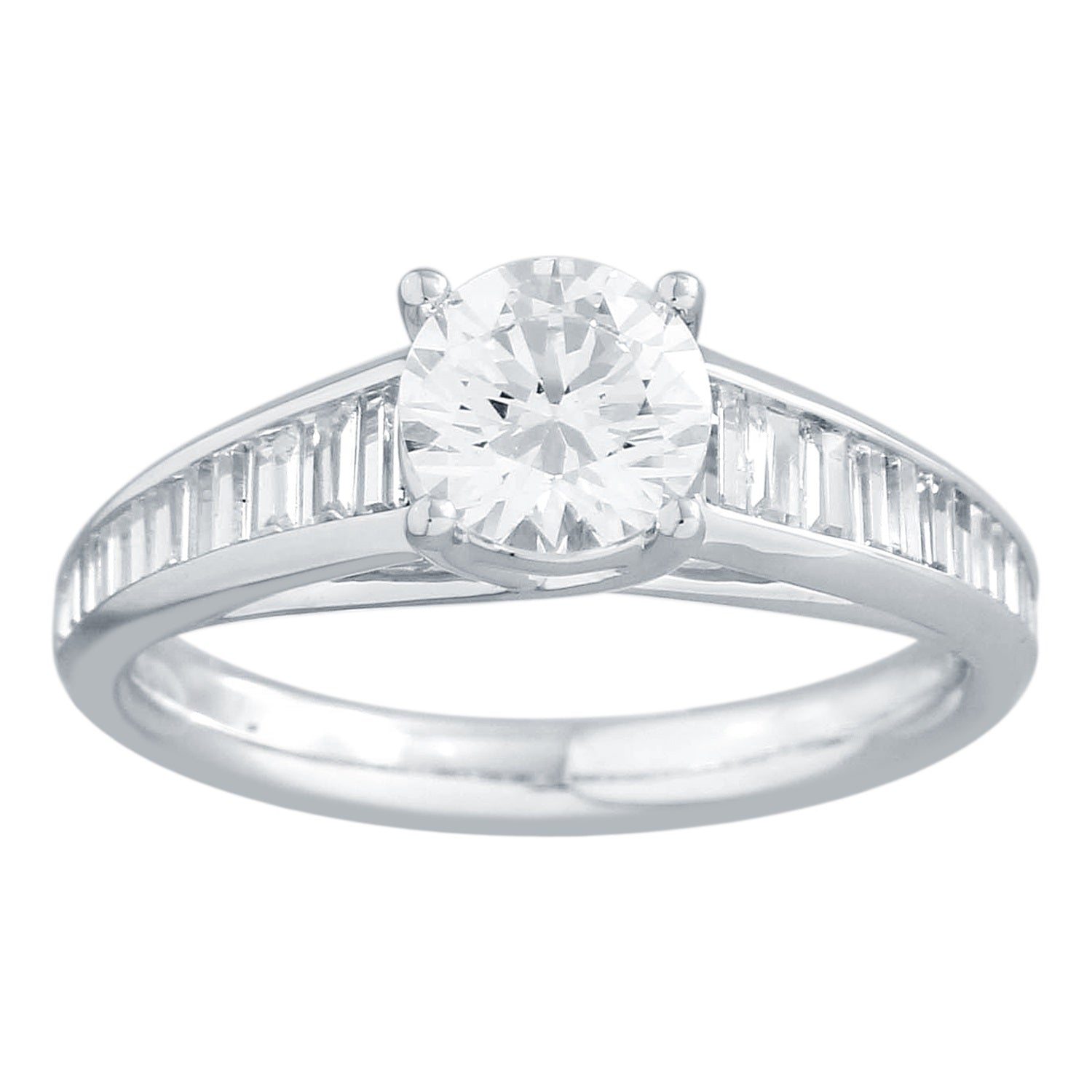 Baguette Semi Mount Engagement Ring made in 14k White gold- ROUND Cubic Zirconia CENTER