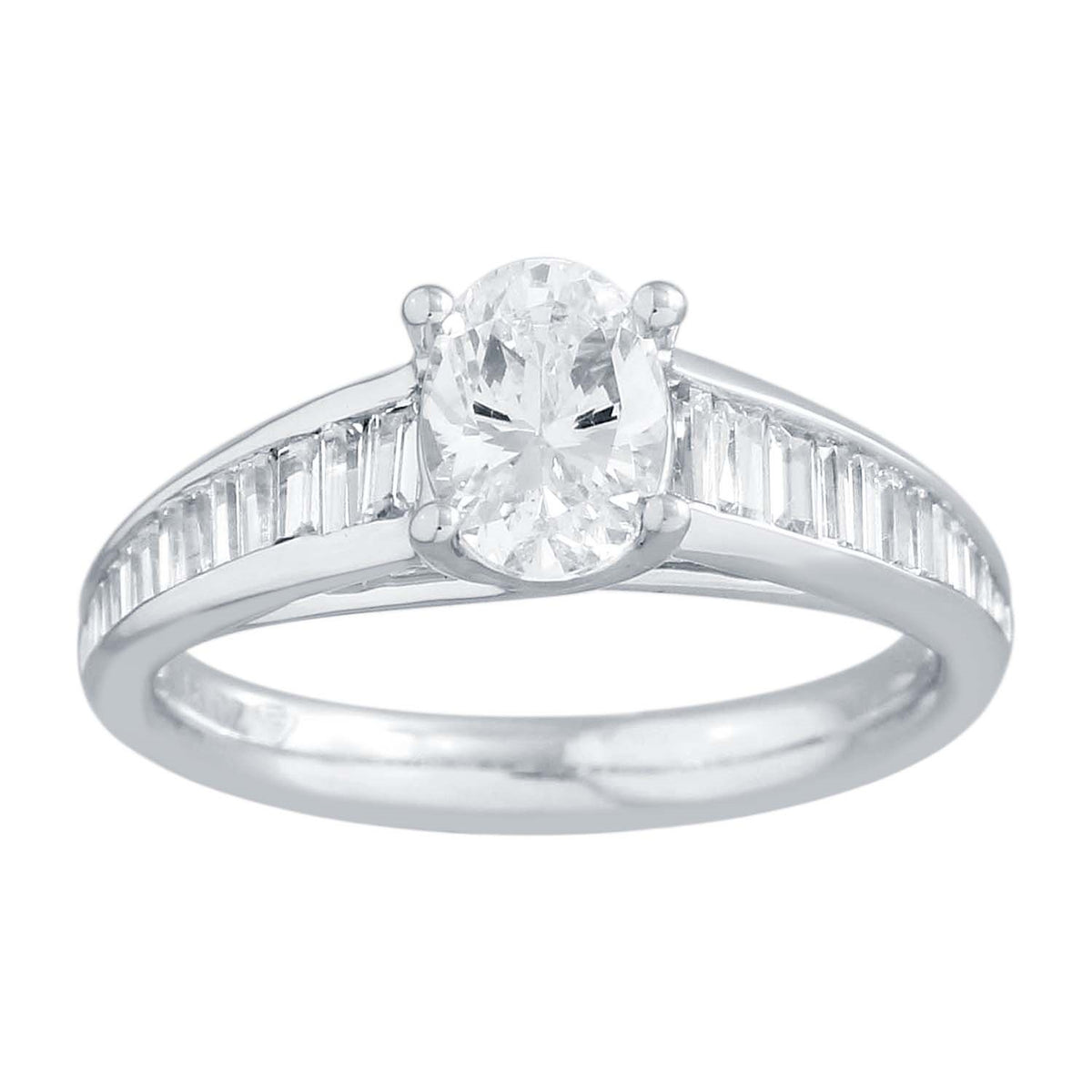 Baguette Semi Mount Engagement Ring made in 14k White gold-OVAL Cubic Zirconia CENTER