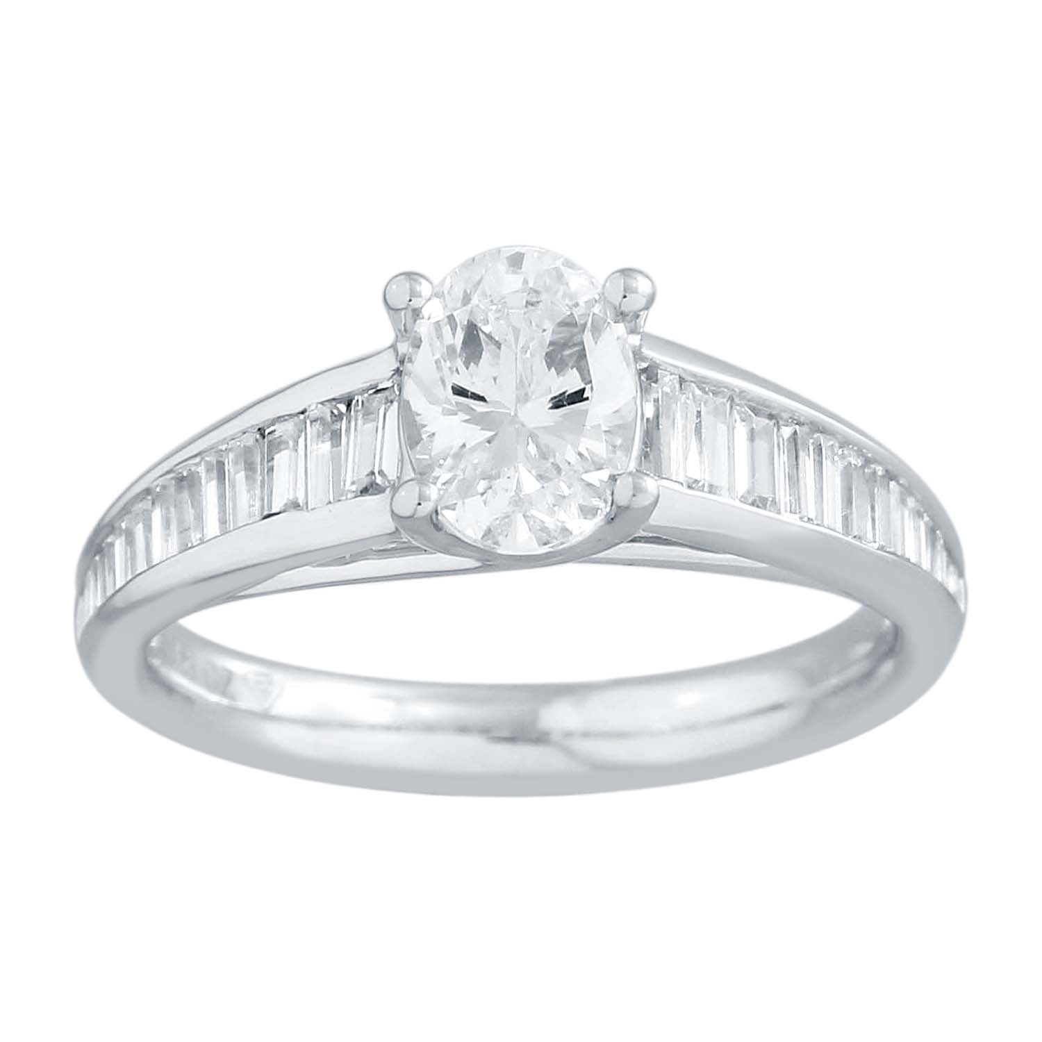 Baguette Semi Mount Engagement Ring made in 14k White gold-OVAL Cubic Zirconia CENTER