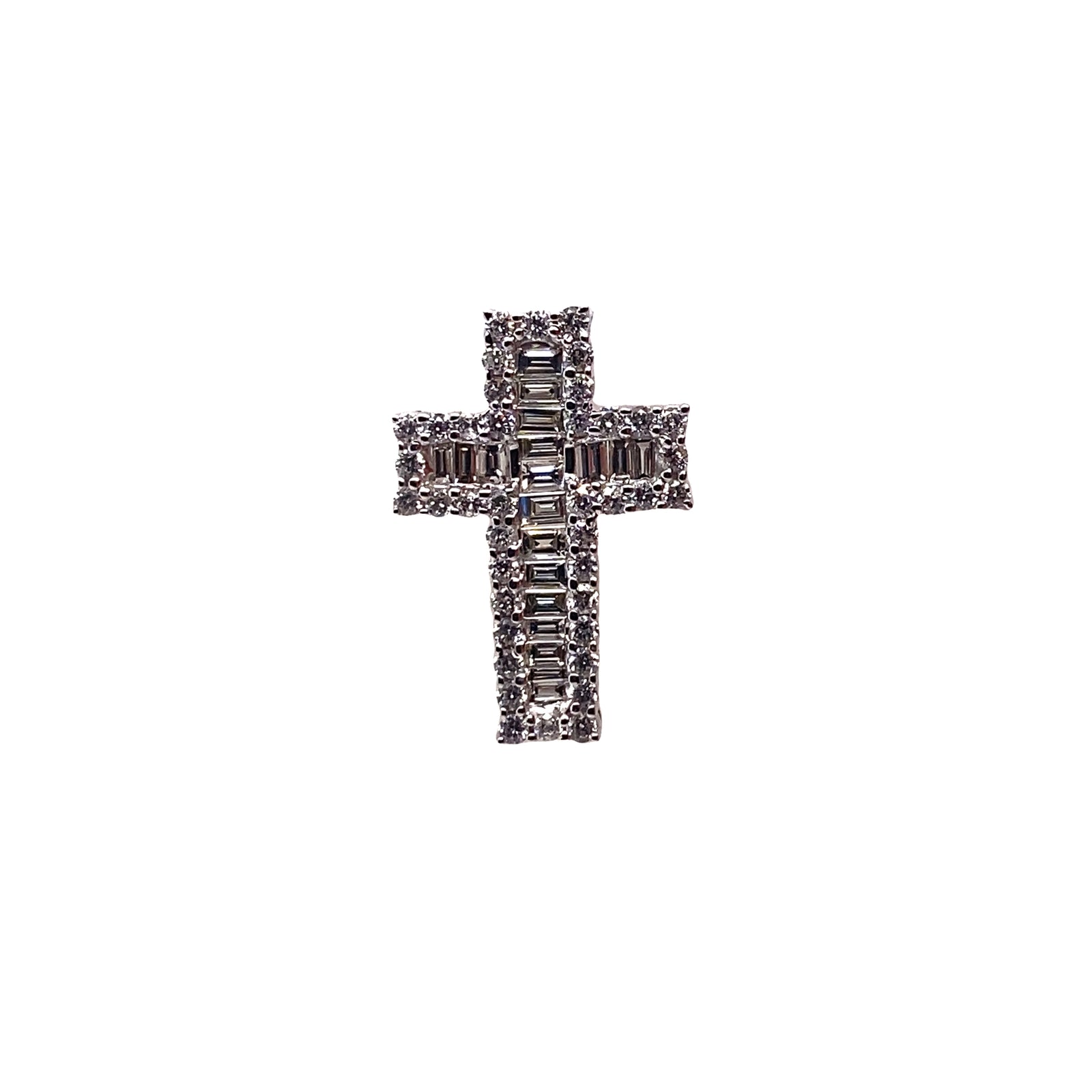 14k White Gold Baguette and Round Diamond Cross Pendant