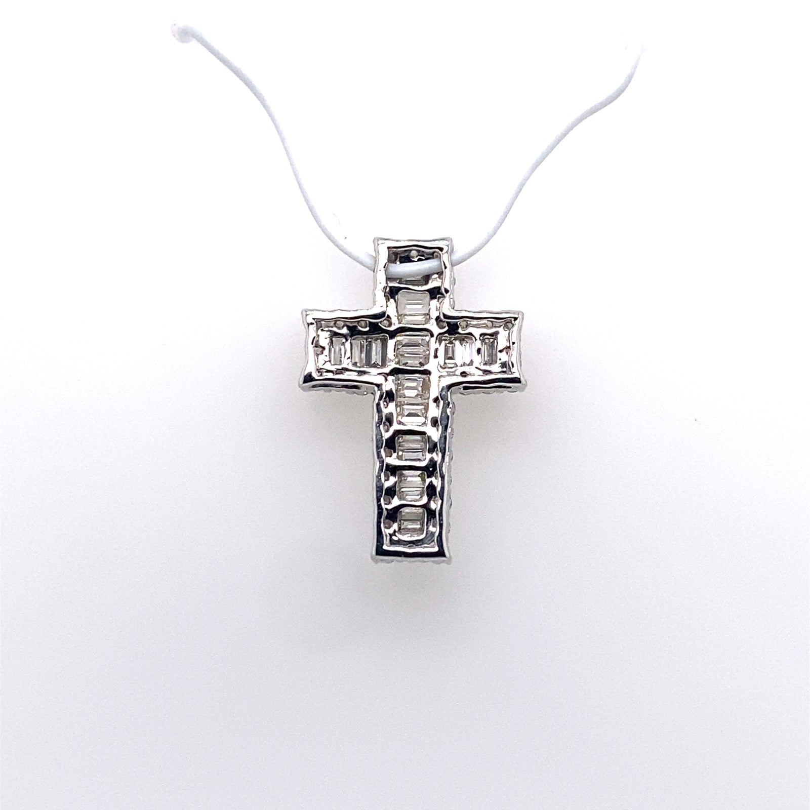 14k White Gold Baguette and Round Diamond Cross Pendant
