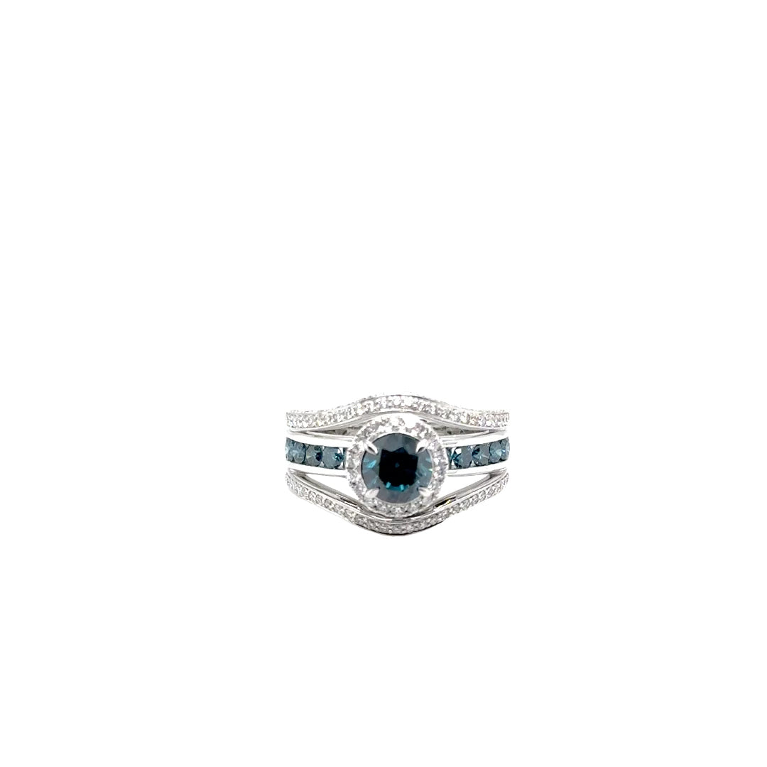14k White Gold Ring with Fancy Blue and White Diamonds