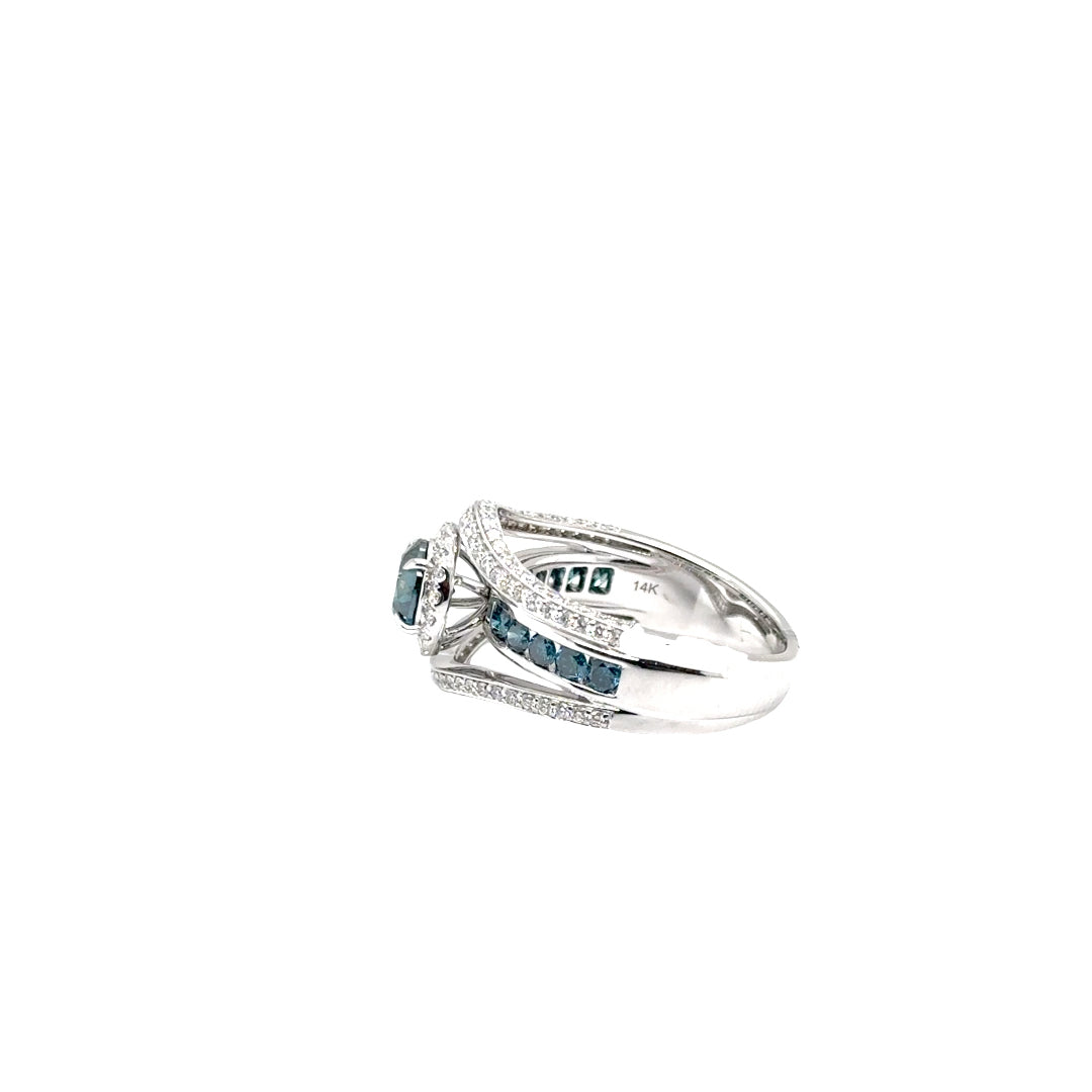 14k White Gold Ring with Fancy Blue and White Diamonds