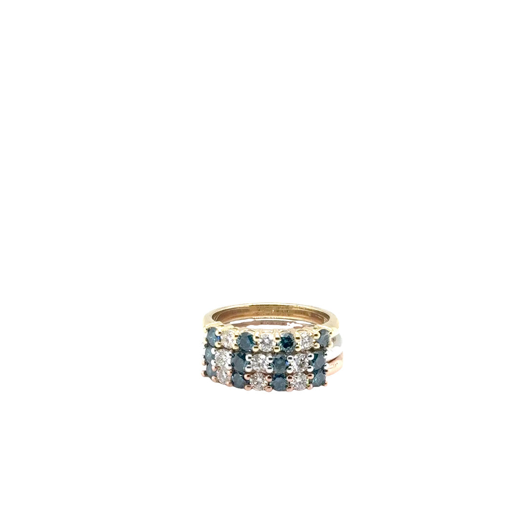 14k Tri-Colored Gold Stackable Rings with Fancy Blue and White Diamonds