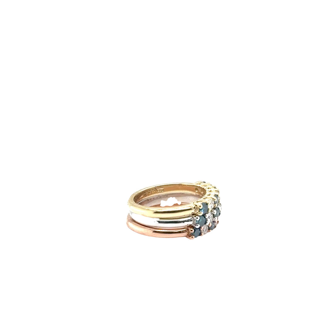 14k Tri-Colored Gold Stackable Rings with Fancy Blue and White Diamonds