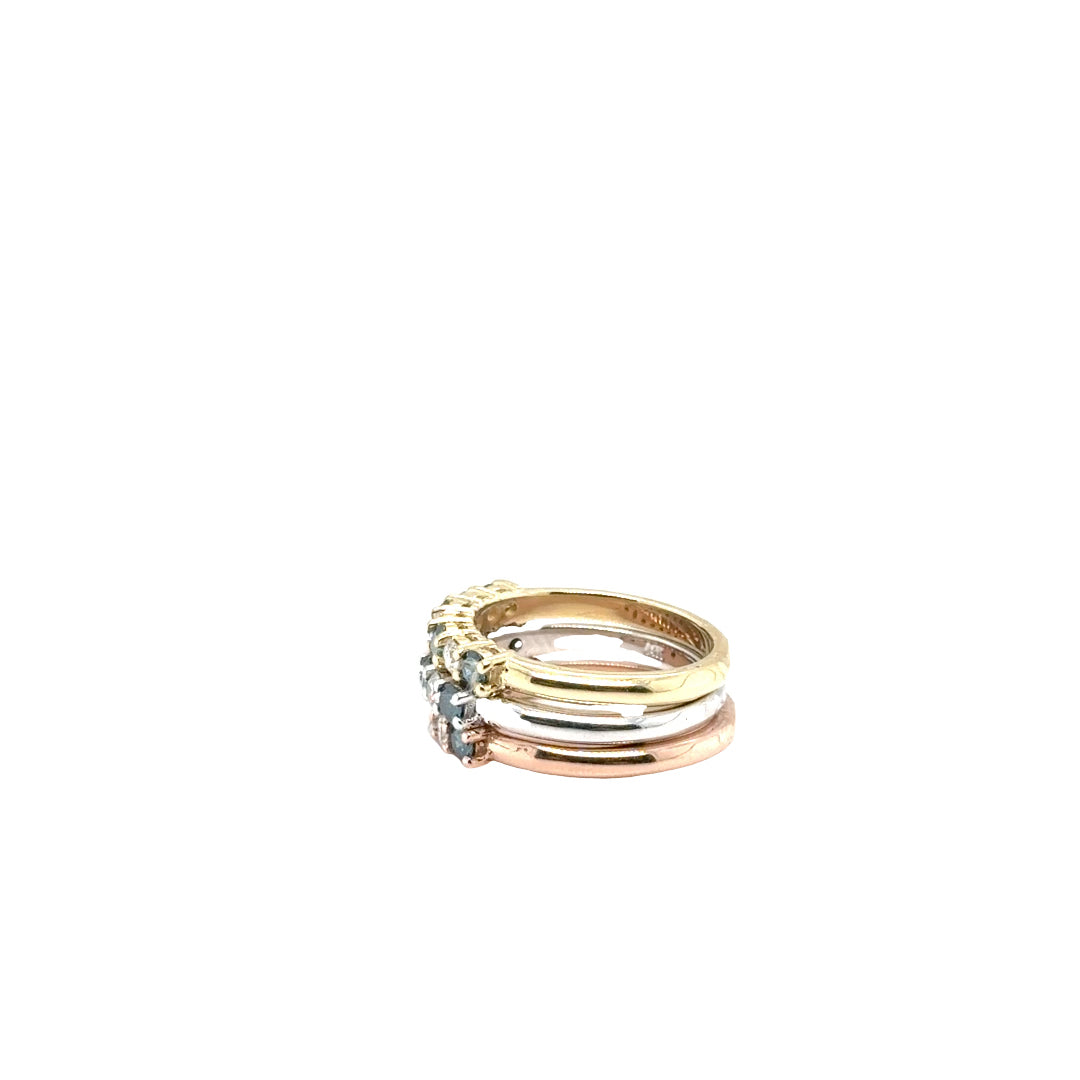 14k Tri-Colored Gold Stackable Rings with Fancy Blue and White Diamonds