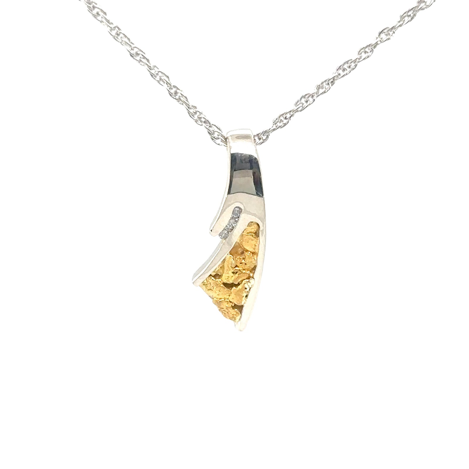 14k White Gold Pendant with Natural Gold Nuggets and Diamonds