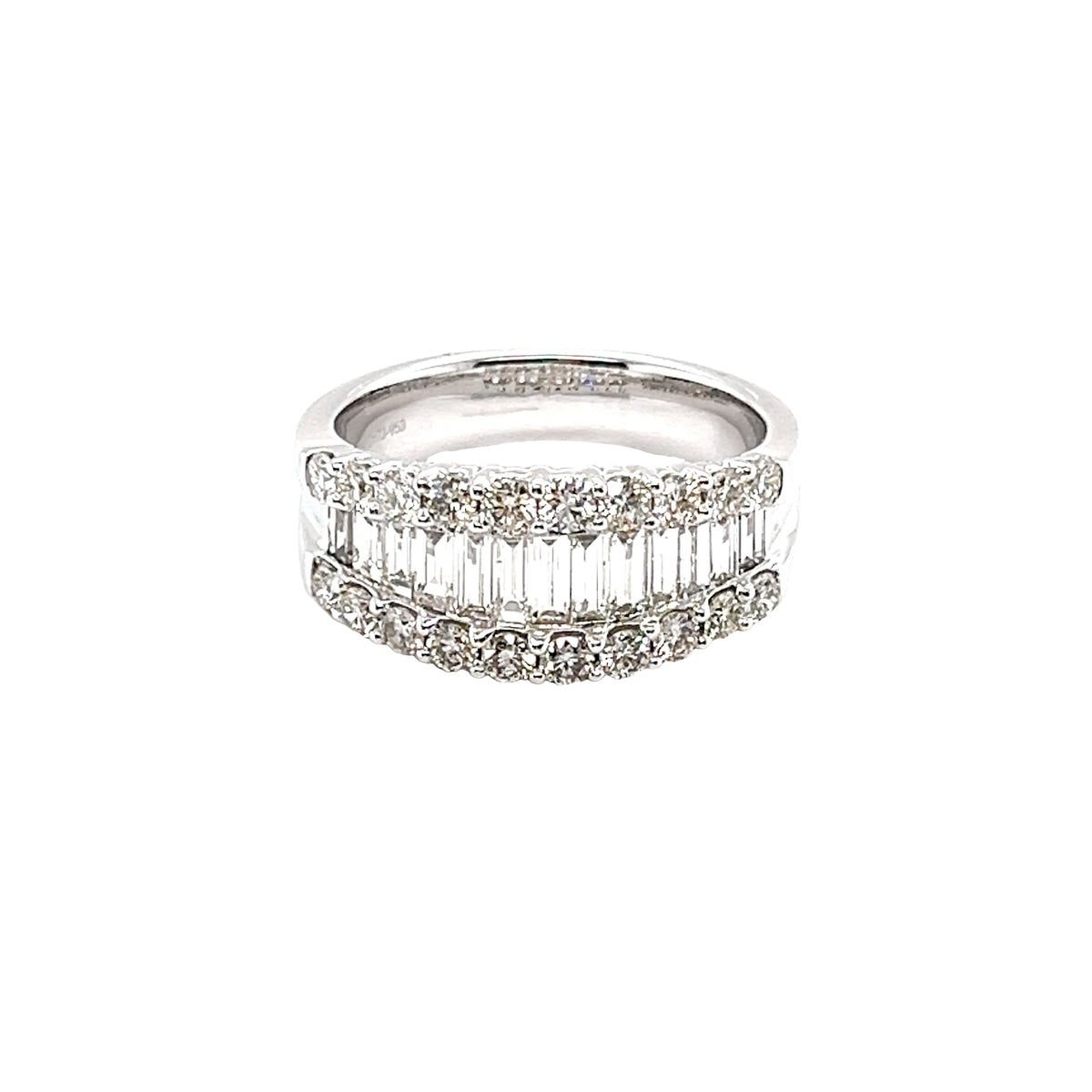 14k White Gold Ring with Baguette and Round Cut Diamonds