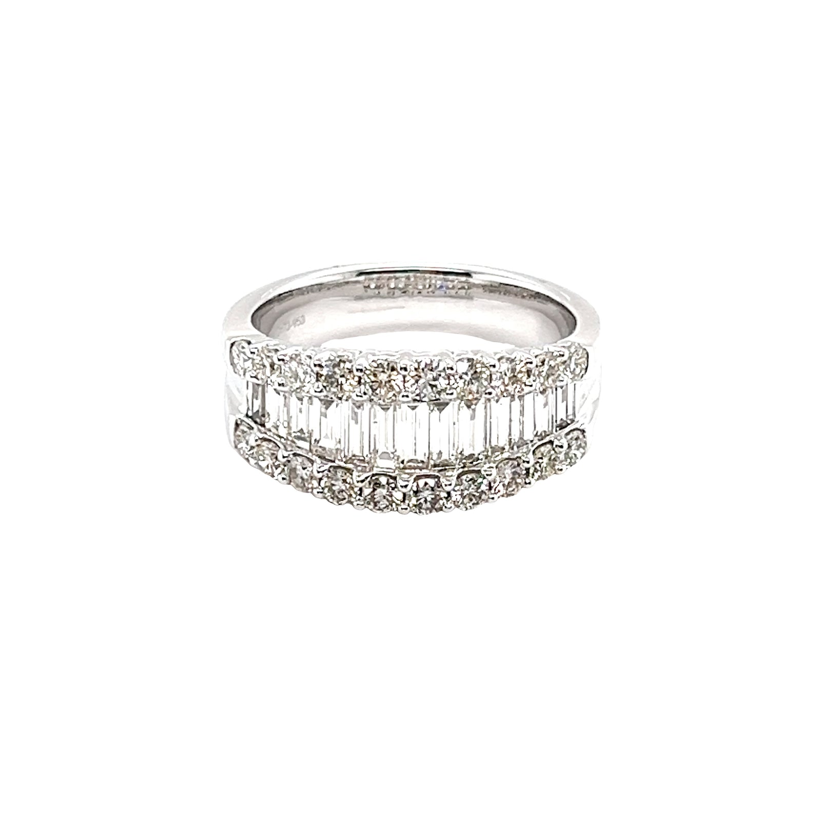 14k White Gold Ring with Baguette and Round Cut Diamonds