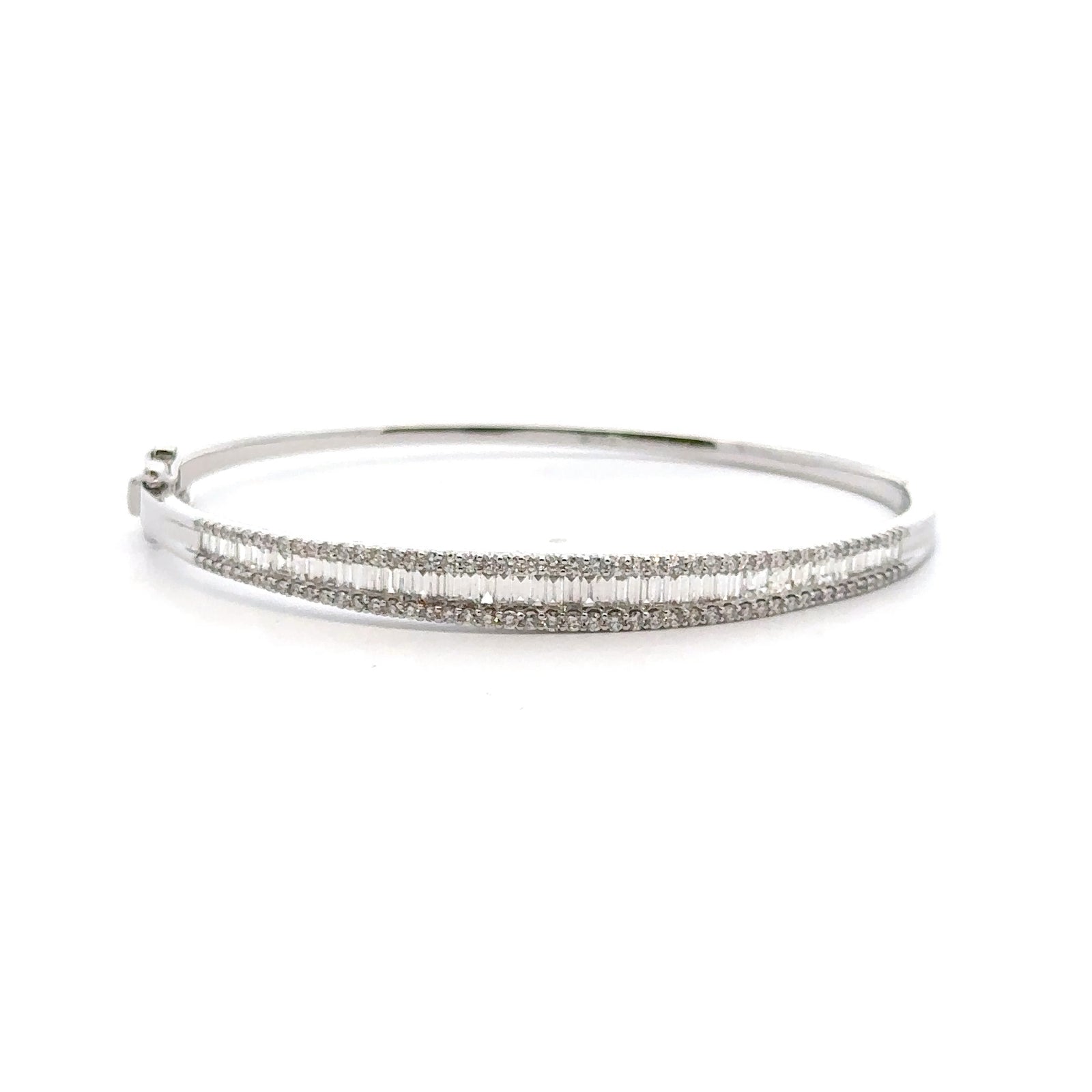 14k White Gold Bangle Bracelet with Baguette and Round Cut Diamonds