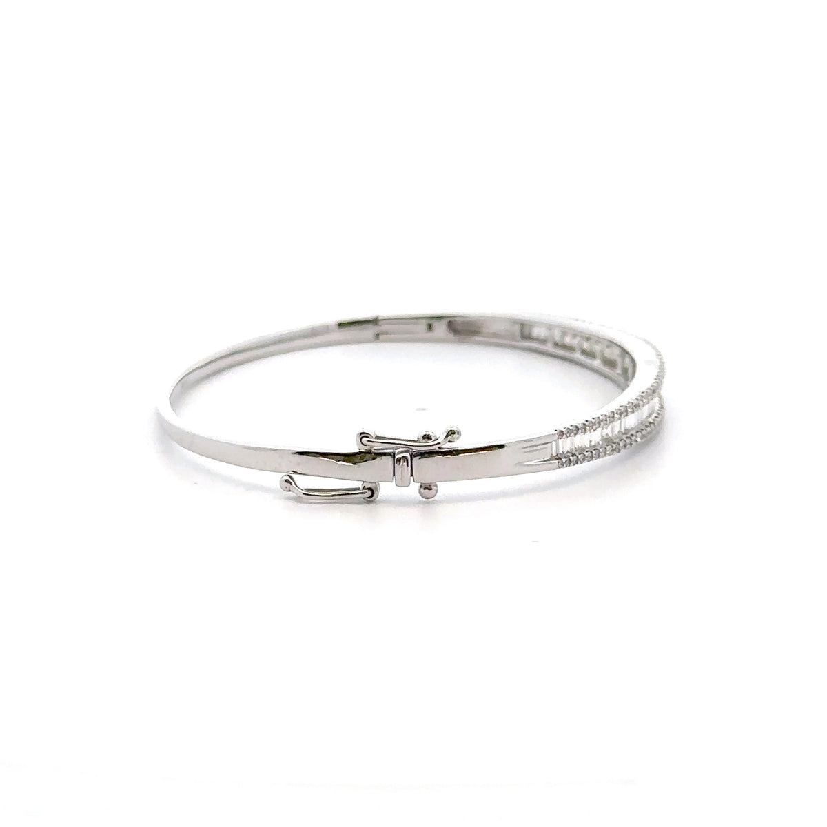 14k White Gold Bangle Bracelet with Baguette and Round Cut Diamonds