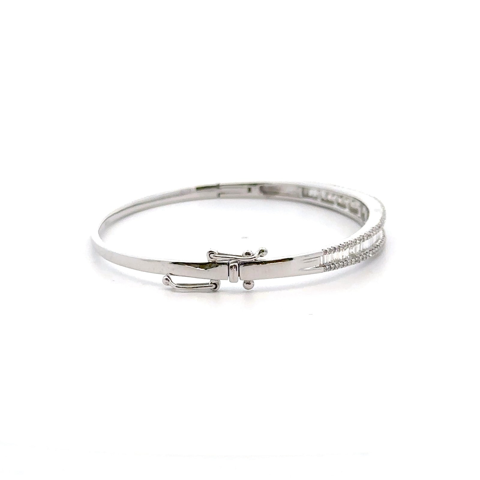 14k White Gold Bangle Bracelet with Baguette and Round Cut Diamonds