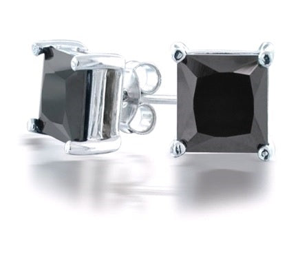 Princess Cut Black Diamond Studs Made In 14K White Gold