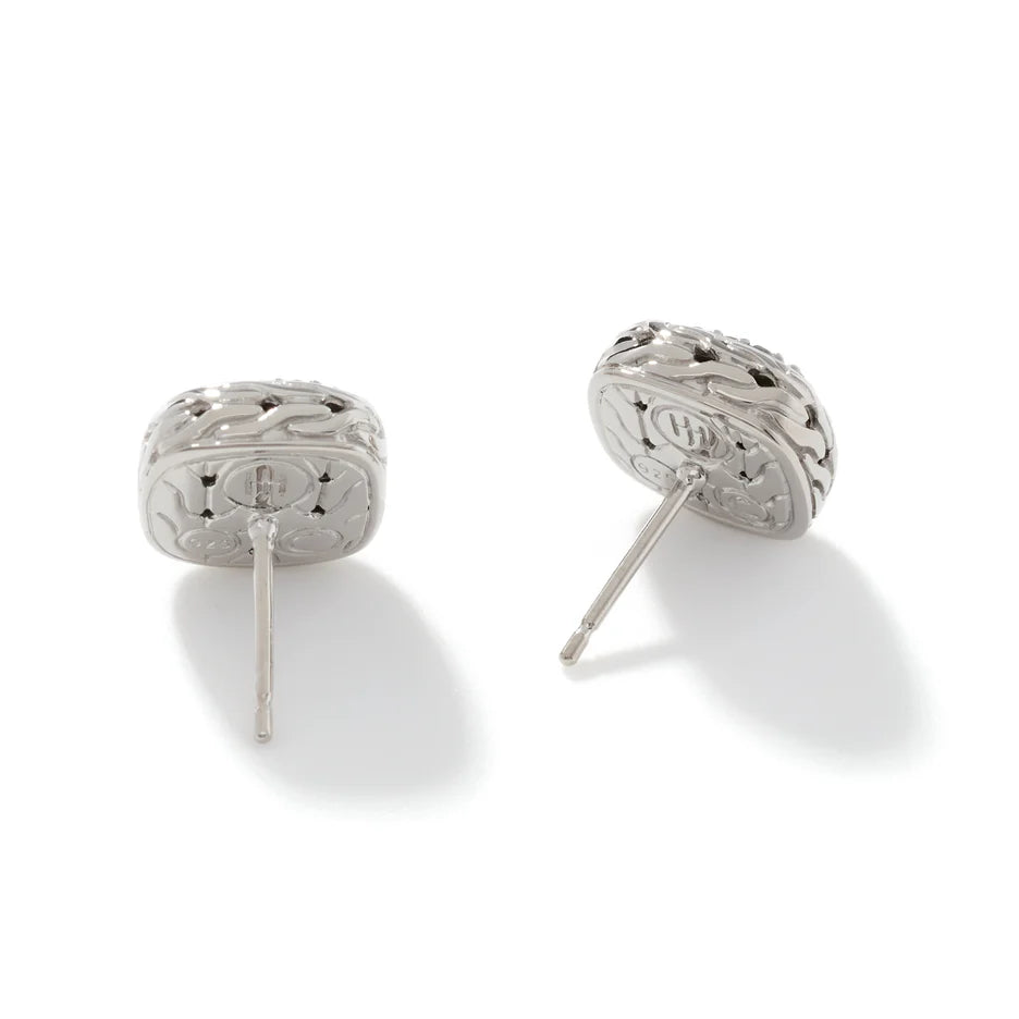Carved Chain Stud Earrings, Silver, Pavé