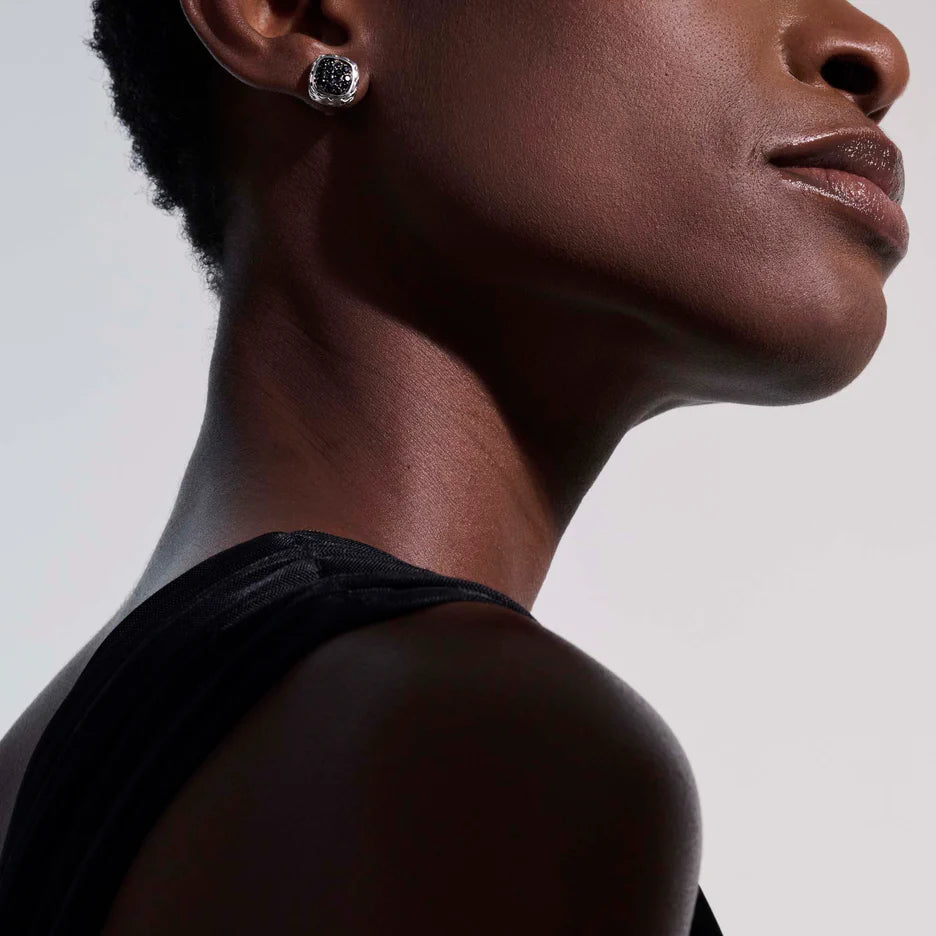 Carved Chain Stud Earrings, Silver, Pavé