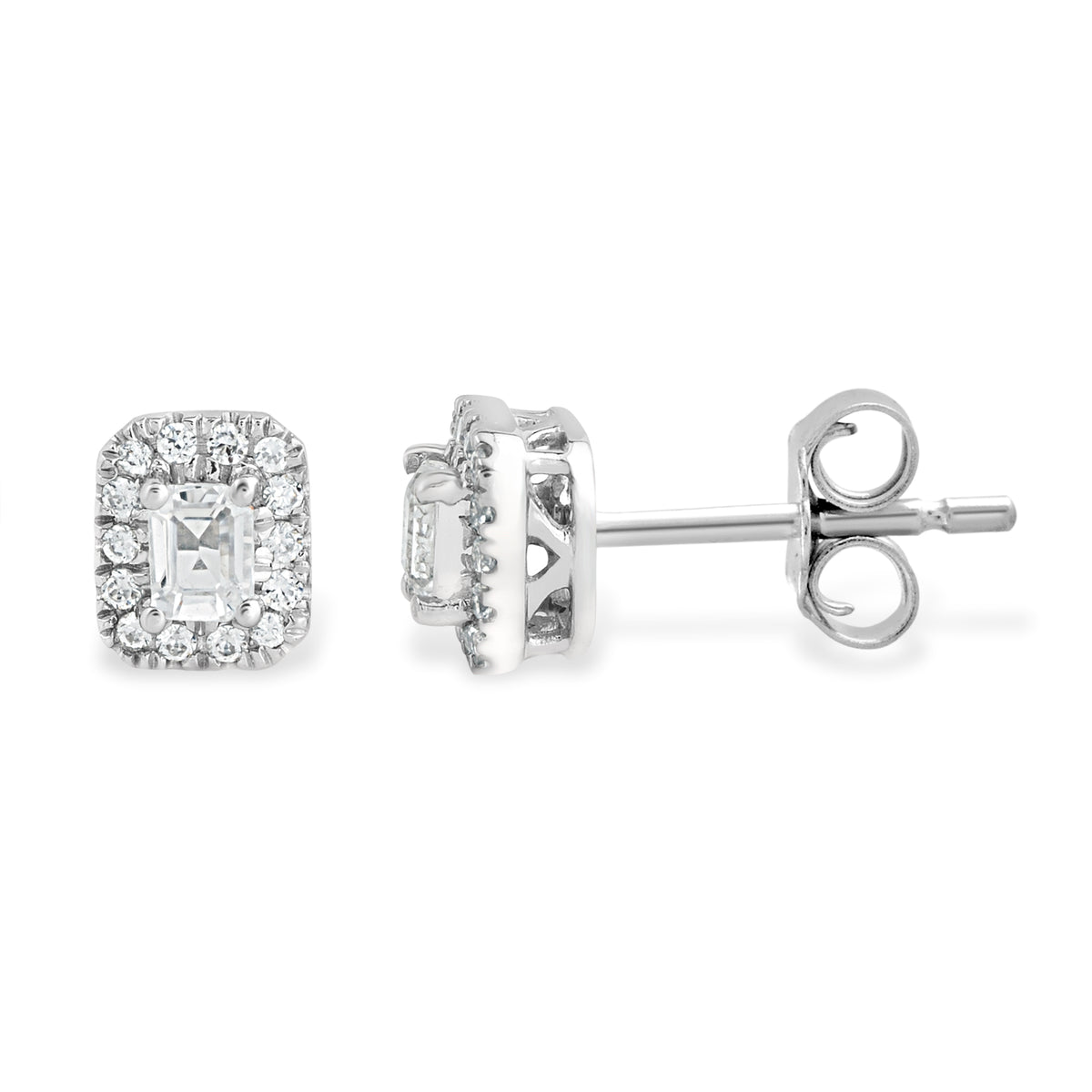 Emerald Cut Halo Studs Made In 14K White Gold