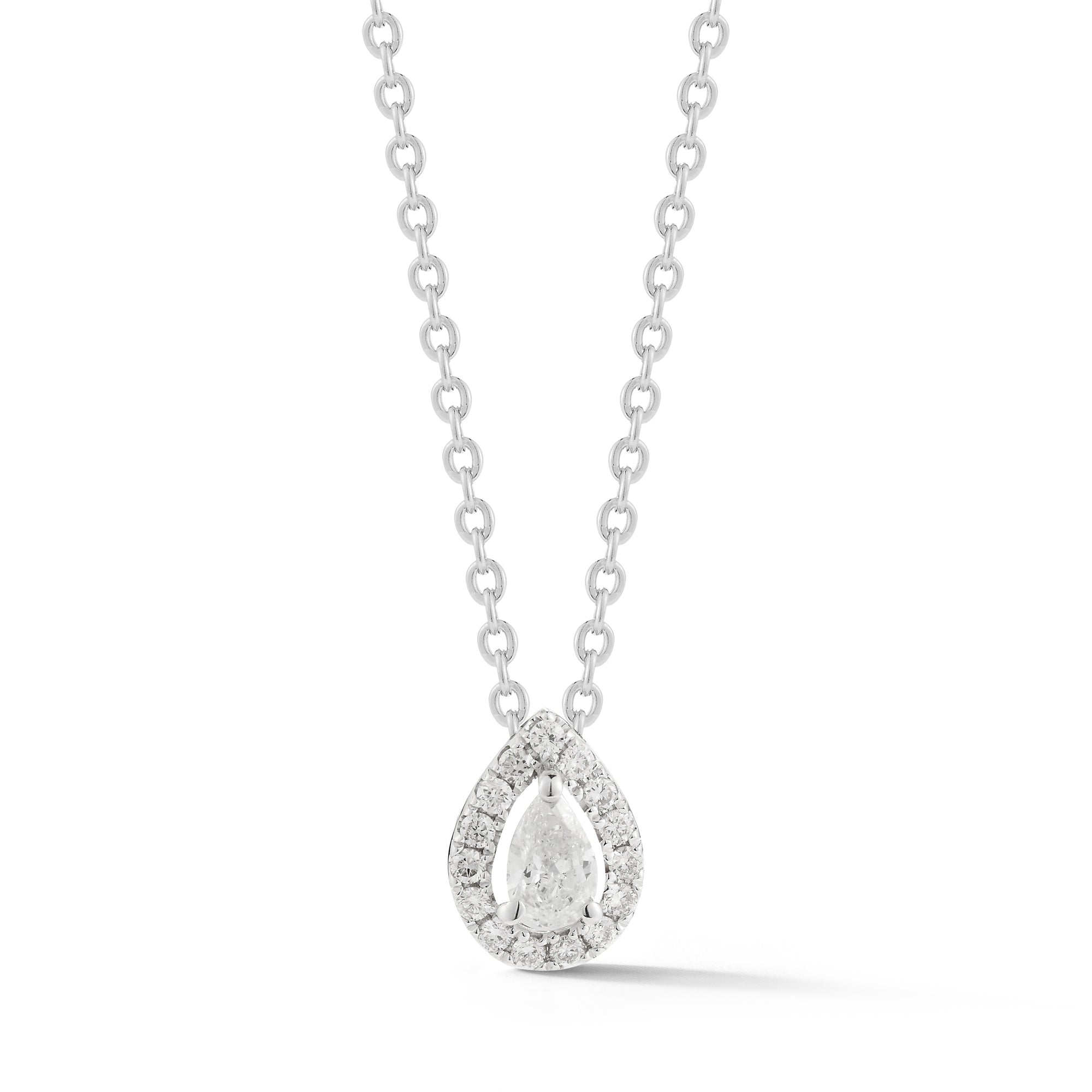 Pear Shape Halo Pendants Made In 14K White Gold
