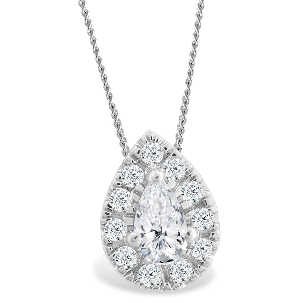 Pear Shape Halo Pendants Made In 14K White Gold