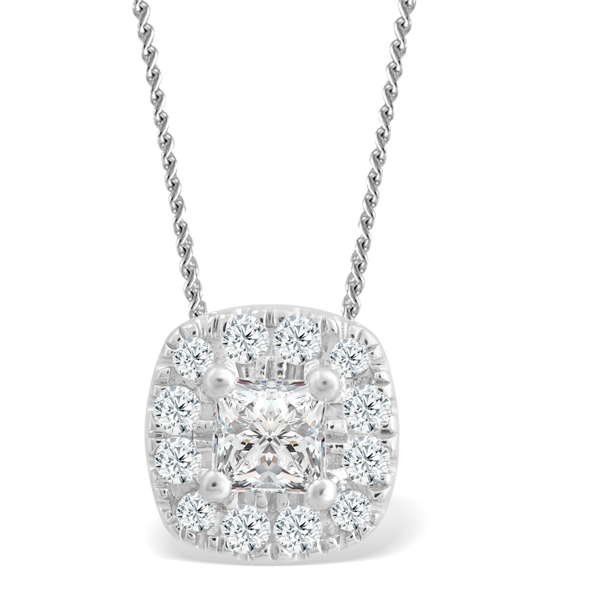 Princess Shape Halo Pendants Made In 14K White Gold