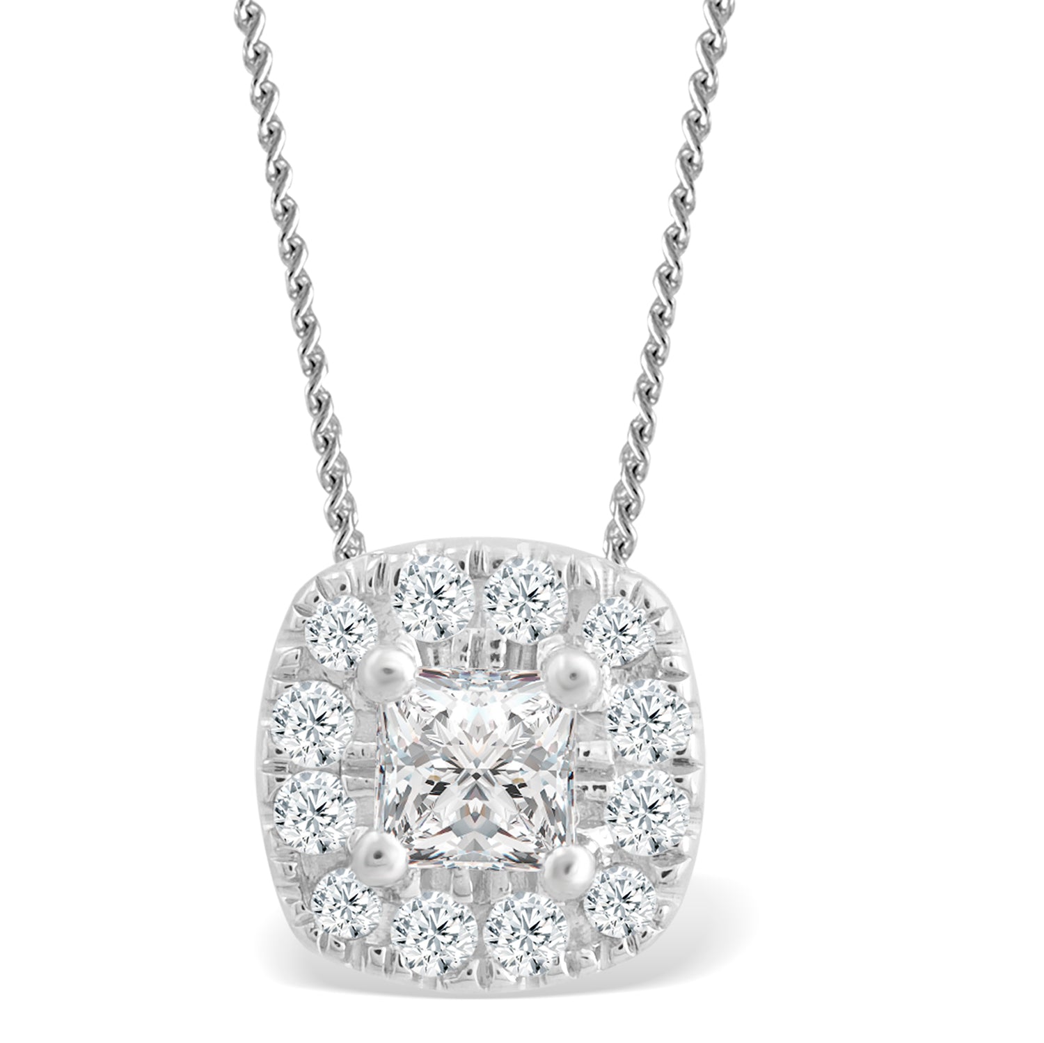 Princess Shape Halo Pendants Made In 14K White Gold