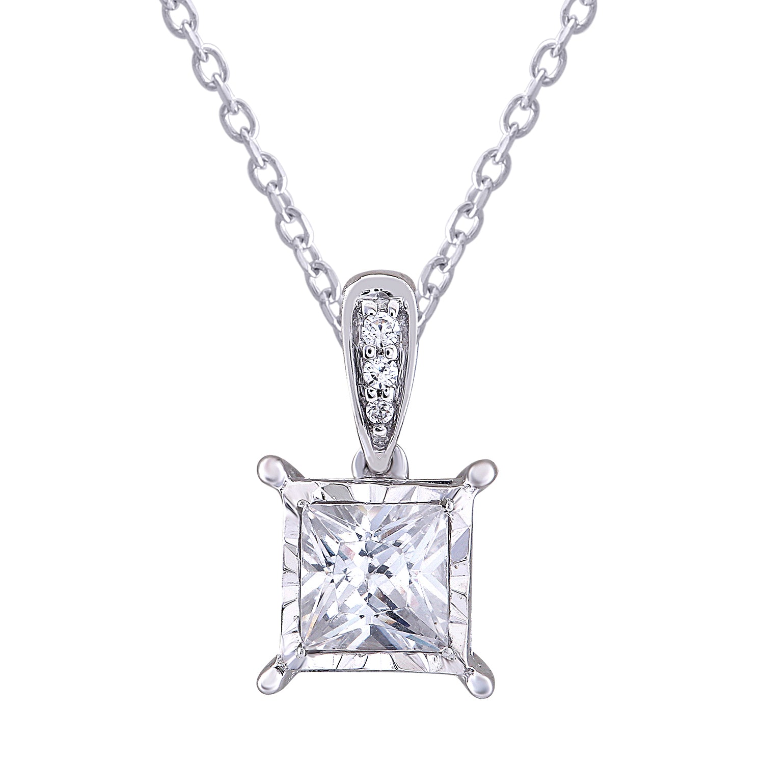 Princess Cut Diamond Bail Pendant Made In 14K White Gold