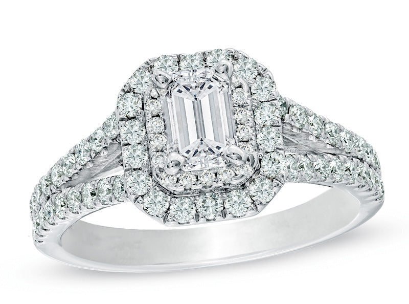 Double Halo Diamond  Engagement Ring made in 14k White gold-Emerald