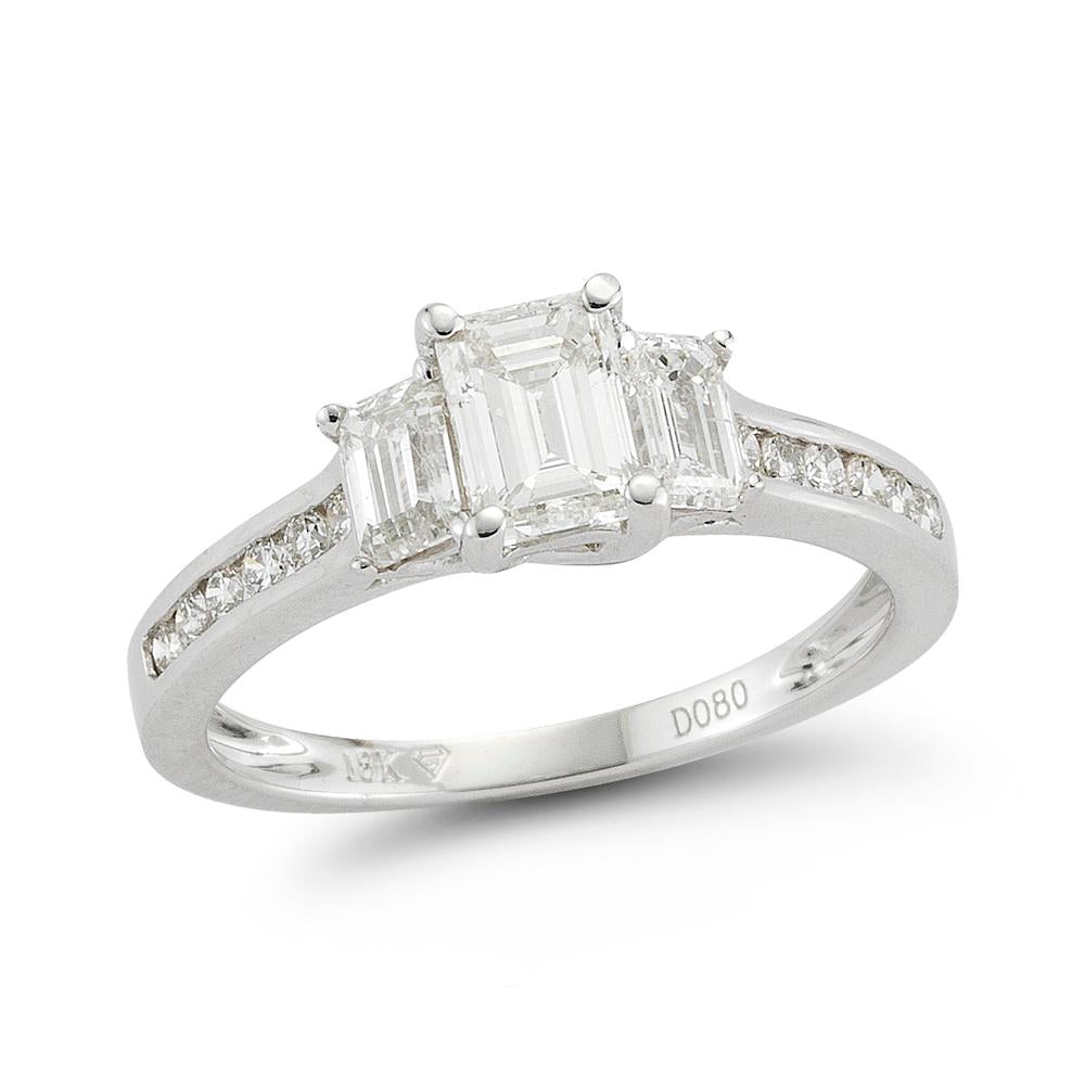 Three Stone Channel Set Diamond Ring made in 14k White gold (Total diamond weight 1 1/2 carat)-Emerald