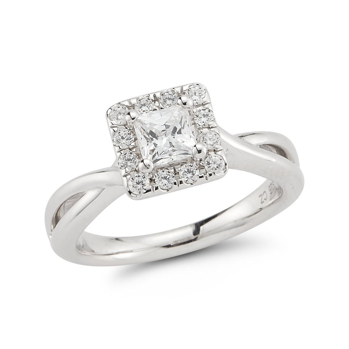 Halo Twist Plain Shank Diamond Engagement Ring made in 14k White gold-Princess